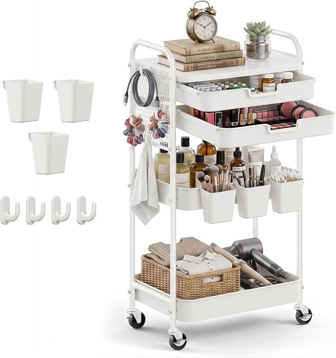 3 Tier Rolling Cart with 2 Drawers, Metal Utility Storage Carts with Wheels | Amazon (US)