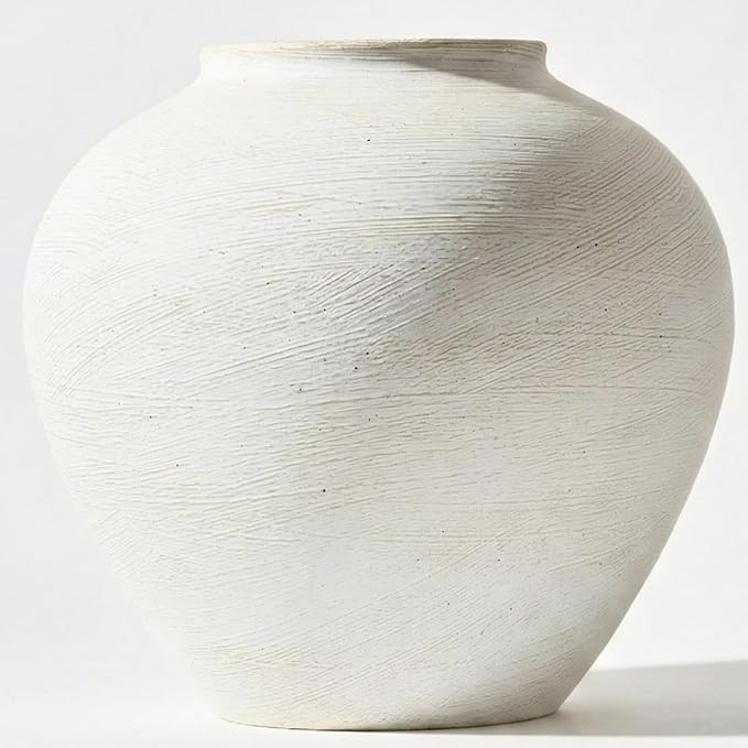 Large White Vase for Centerpieces - 11" Wide Textured Stone Look Metal Flower Vase for Table Deco... | Amazon (US)