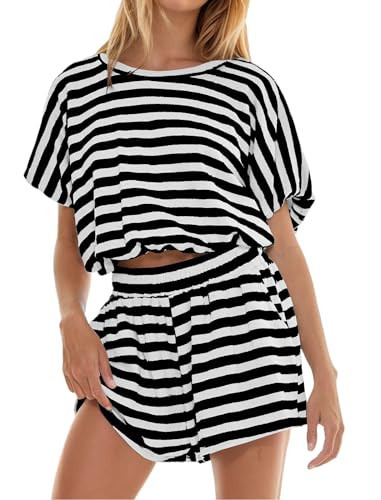 SHBECYDE 2 Piece Sets Women Striped Tee Shirt Shorts Set Short Sleeve Loose Fit Shirt Elastic Waist Shorts Lounge Outfits Set | Amazon (US)