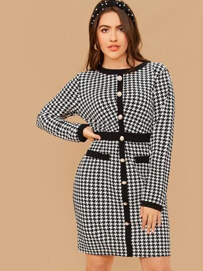 SHEIN Plus Single Breasted Contrast Trim Houndstooth Dress | SHEIN