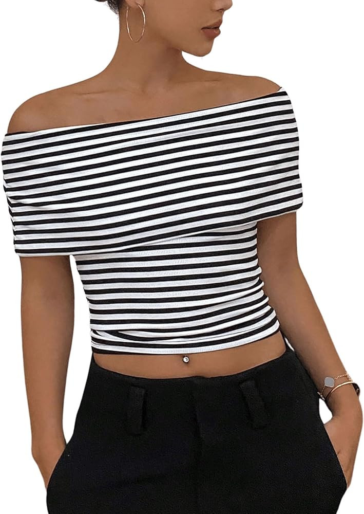 SHENHE Women's Off Shoulder Crop Tops Striped Print Short Sleeve Slim Fit Top Tees | Amazon (US)