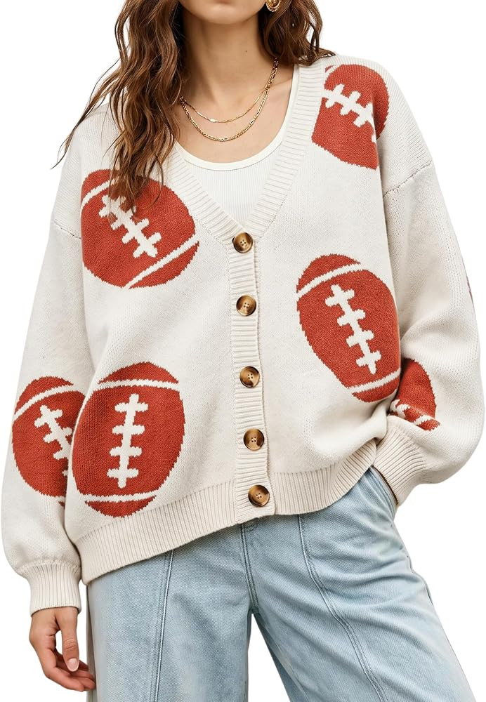 SeekMe Women Football Knit Cardigan Button Oversized Fall Game Day Sweater | Amazon (US)