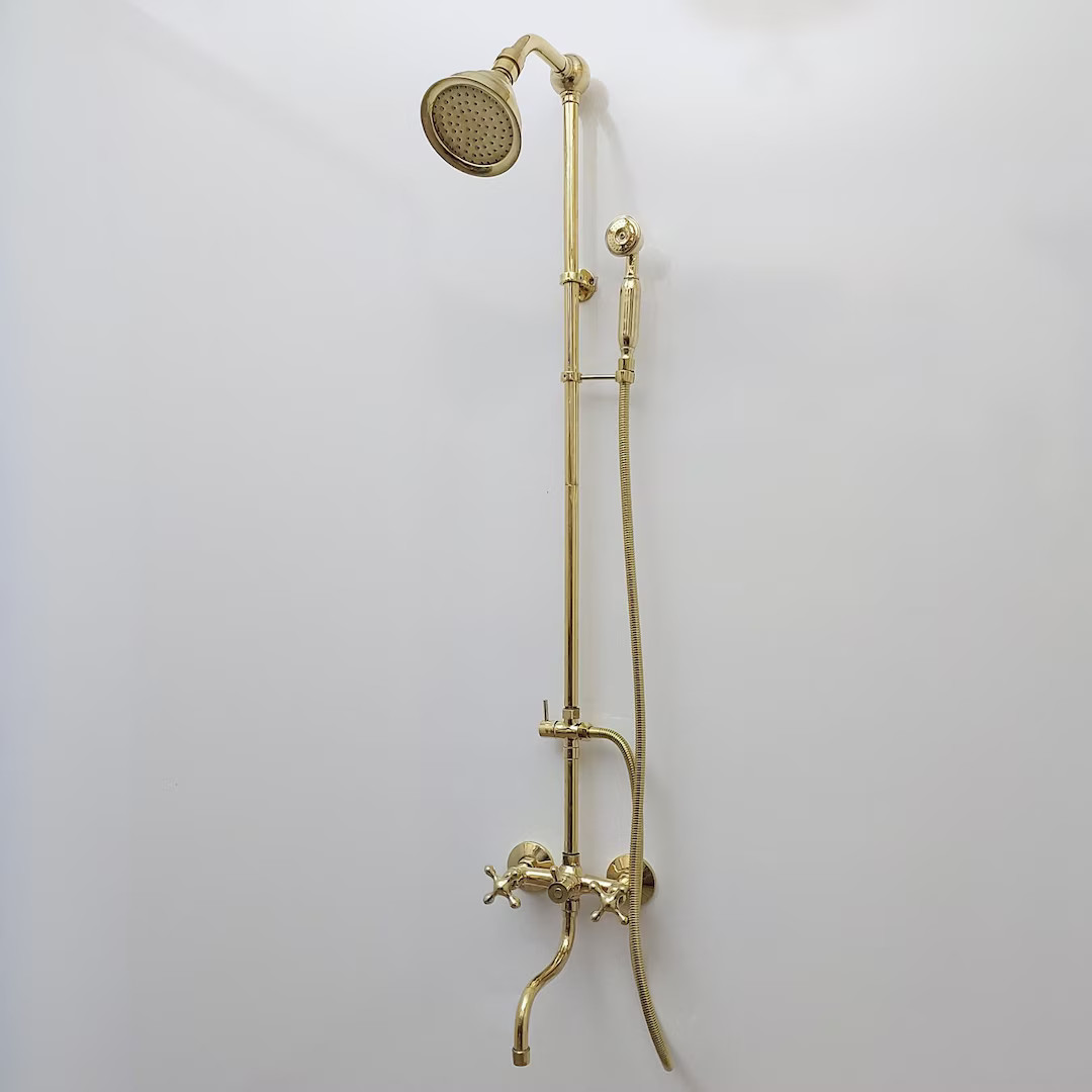 Unlacquered Brass Shower System With Adjustable Round Shower Head, Handheld Shower Head, and Tub ... | Etsy (US)