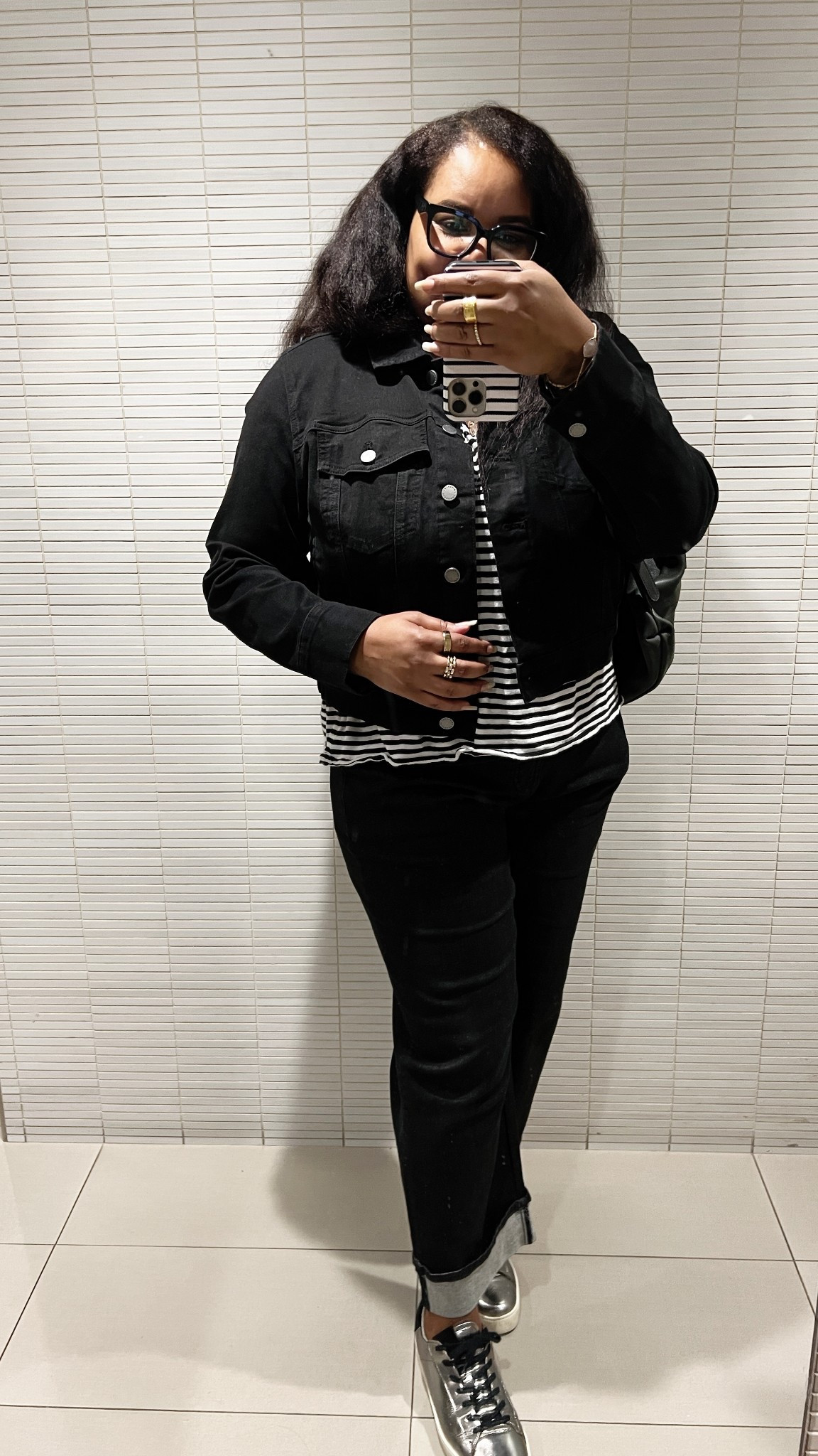 Canadian tuxedo but make it black. 

Fall outfit ideas, denim jacket, black denim, metallic sneakers, striped tee, black jeans, black jacket 
#LTKfindsunder100 #LTKfindsunder50 #ltkshoecrush #ltkstyletip 

#LTKOver40 #LTKMidsize #LTKSeasonal