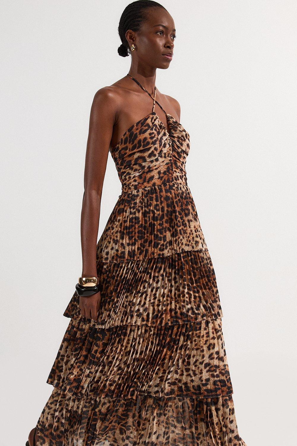 Animal Georgette Crinkle Tiered Halterneck Midi Dress | Karen Millen UK + IE + DE + NL