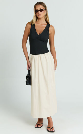 Hermi Midi Dress - Ribbed Bodice V Neck Dress in Cream | Showpo (US, UK & Europe)