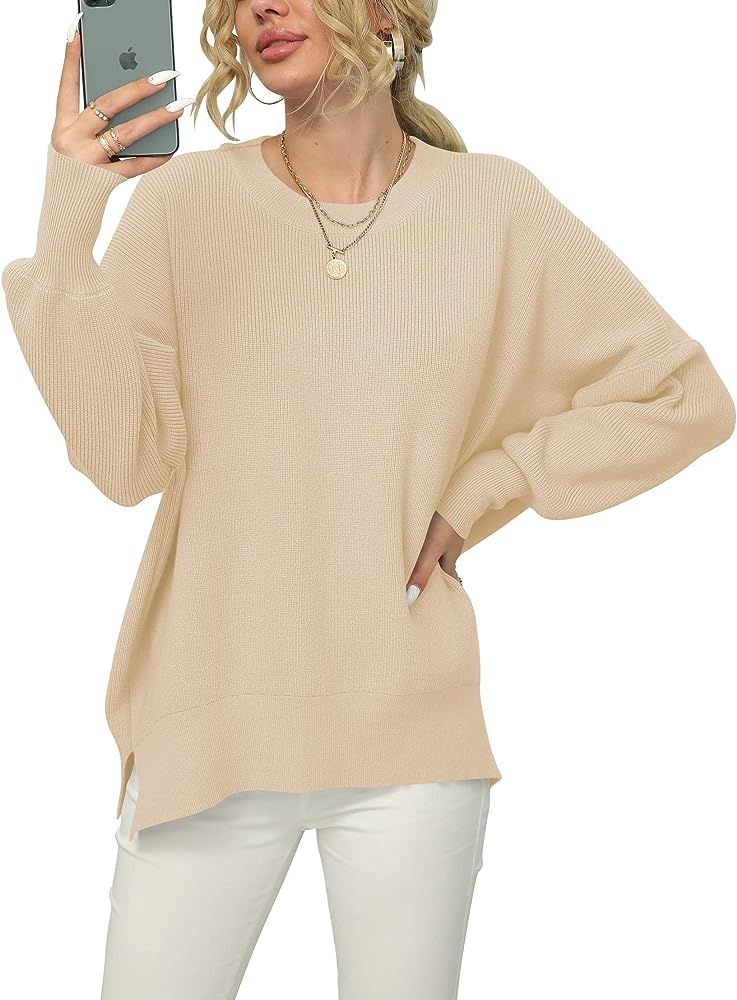 Women's Oversized Batwing Long Sleeve Crewneck Side Slit Ribbed Knit Pullover Sweater Tops | Amazon (US)