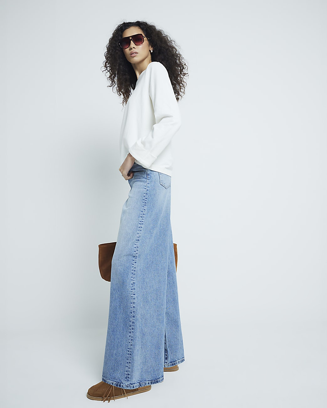 Blue Denim Mid Rise Wide Leg Jeans | River Island UK & IE