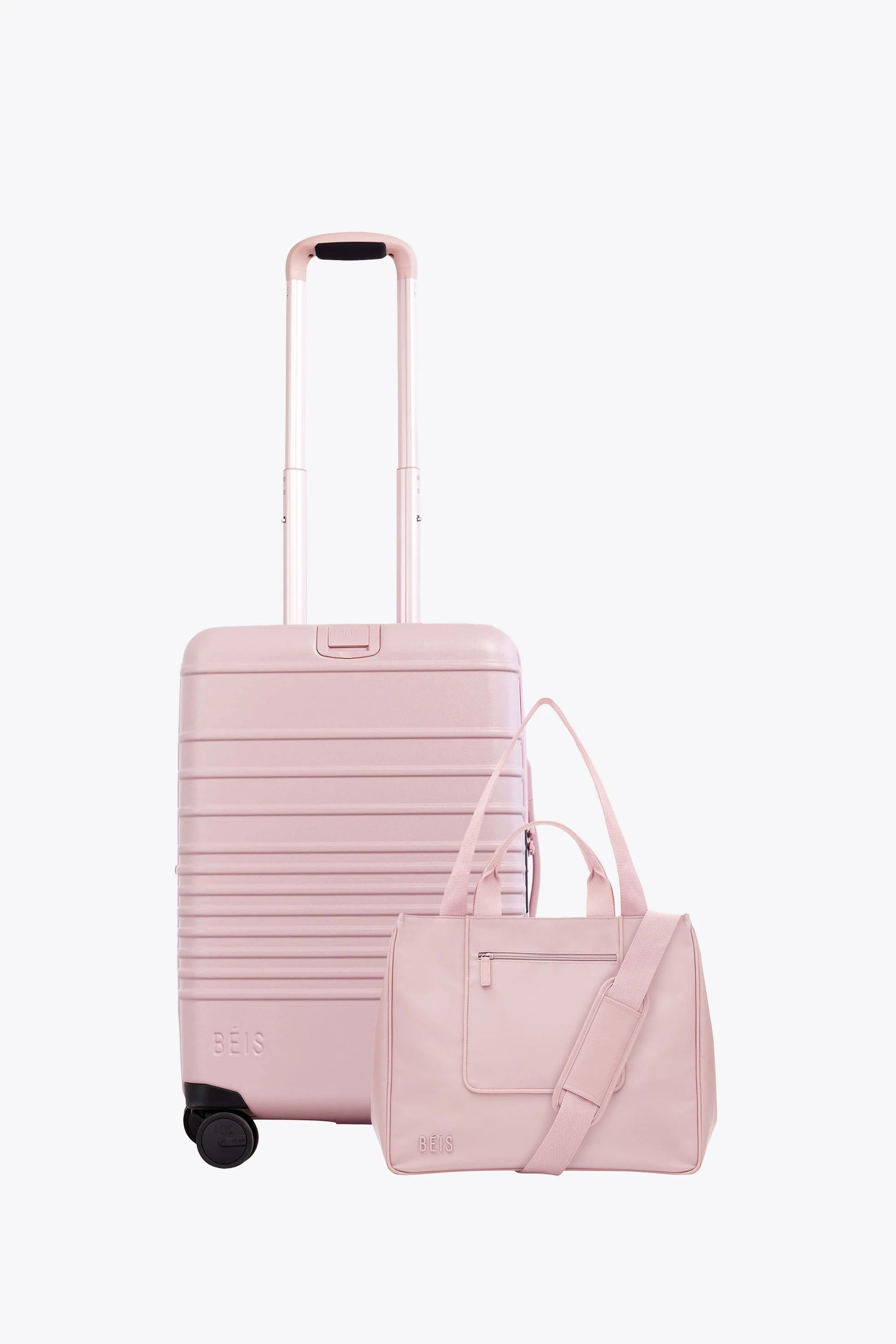 BÉIS 'The Tote Travel Set' in Atlas Pink - 21" Carry On Roller & East to West Tote Bag Set | BEIS