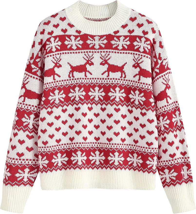 ZAFUL Women's Christmas Snowflake Diamond Long Sleeve Crew Neck Pullover Knitted Sweater | Amazon (US)