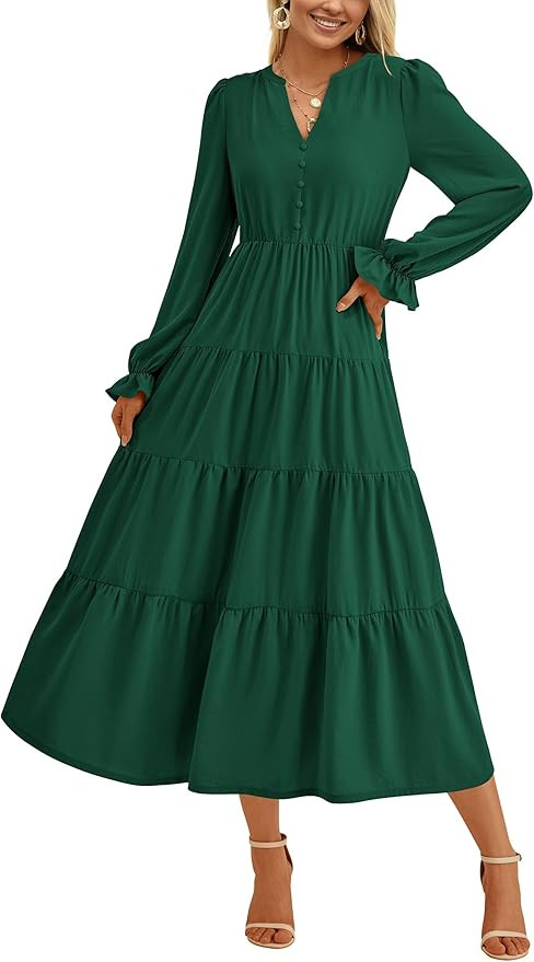 PRETTYGARDEN Women's Fall Maxi Dress Long Sleeve V Neck Tiered Ruffle Flowy A Line Cocktail Party... | Amazon (US)