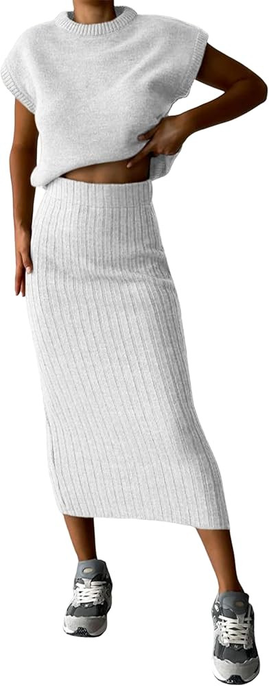 Zhiyouni Women's 2 Piece Sweater Sets Outfits Knit Vest Pullover Bodycon Maxi Skirts Loungewear(B... | Amazon (US)