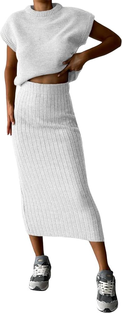Zhiyouni Women's 2 Piece Sweater Sets Outfits Knit Vest Pullover Bodycon Maxi Skirts Loungewear | Amazon (US)
