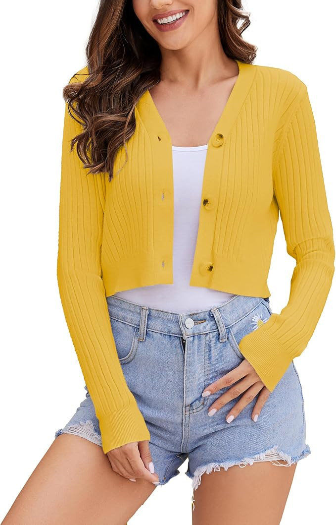 Women's Long Sleeve Cropped Cardigan Sweaters V Neck Solid Button Down Knit Bolero Shrugs | Amazon (US)