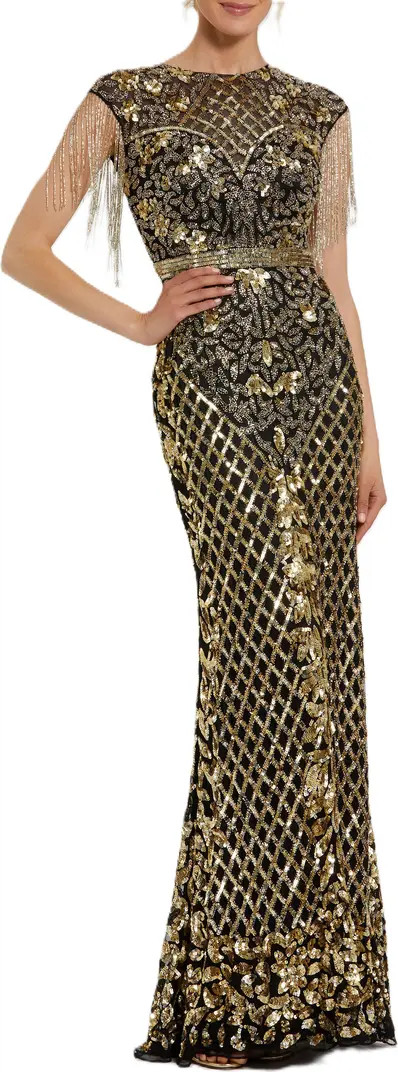 Mac Duggal High Neck Sleeveless Beaded Fringe Fitted Gown | Nordstrom | Nordstrom