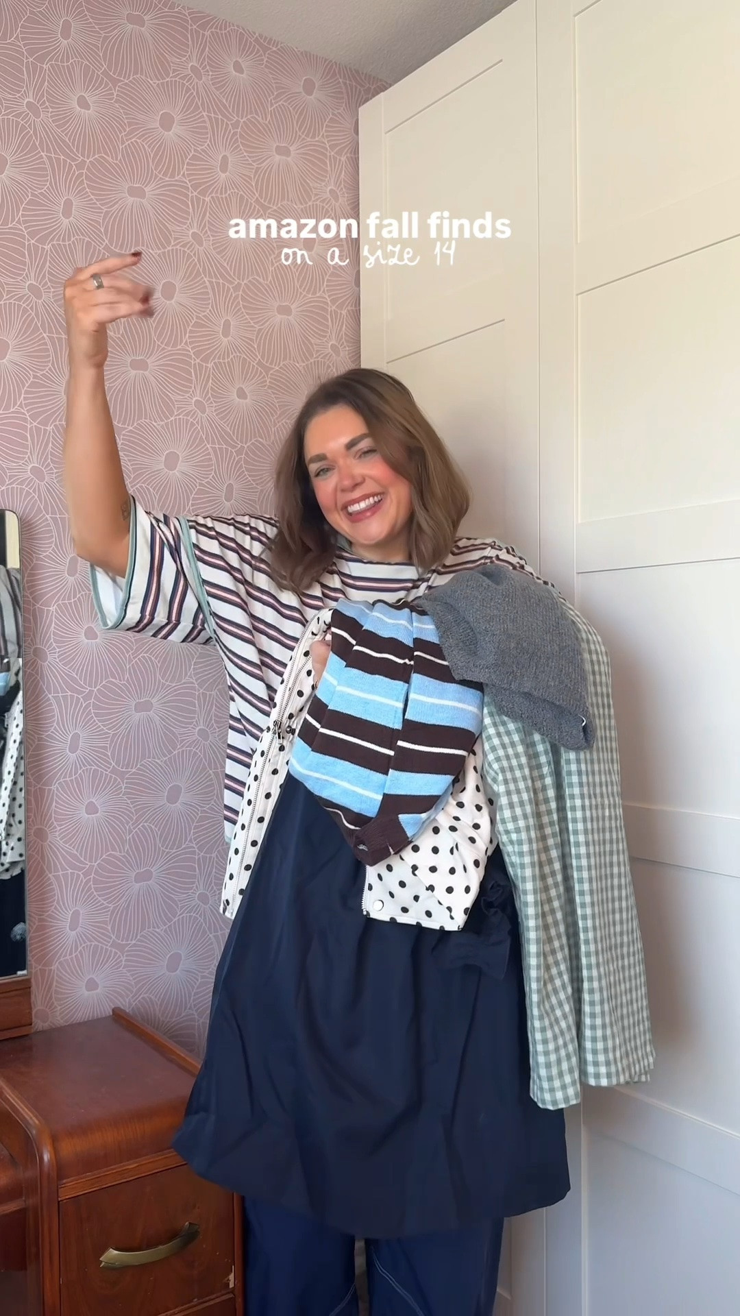 Amazon fall casual finds. Wearing xl in stripe off the shoulder set. Large in polka dot jacket. Xl in striped tee. Large in navy dress. Xl in cardigan. Xl in gingham pants.

#LTKMidsize #LTKgrwm