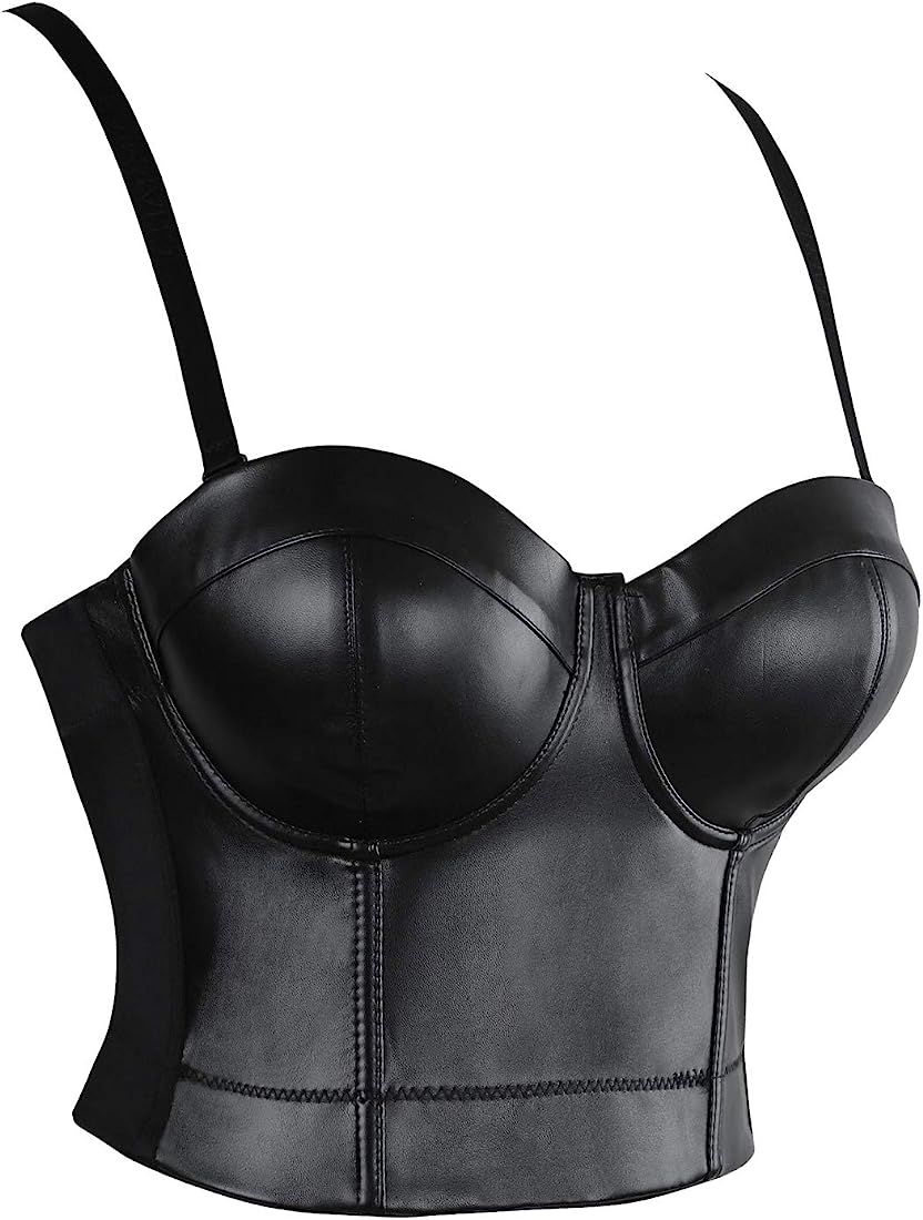 Charmian Women's Spaghetti Straps PU Leather Bustier Crop Top | Amazon (US)