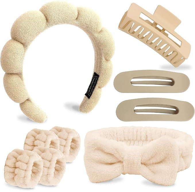 Makeup and Skincare Headbands 9PCS Puffy Sponge Spa Headband and Wrist Bands for Washing Face Bow... | Amazon (US)