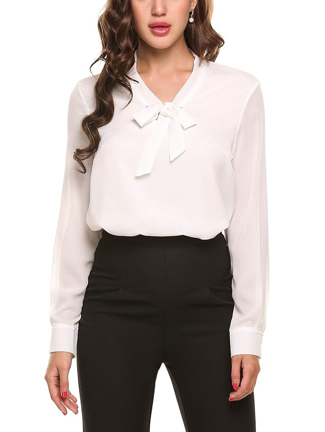 ACEVOG Womens Bow Tie Neck Long/Short Sleeve Casual Office Work Chiffon Blouse Shirts Tops | Amazon (US)
