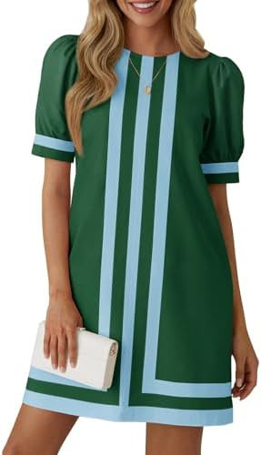 Wenrine Womens Puff Short Sleeve Mini Dress Summer Crewneck Striped Color Block Loose Casual Shif... | Amazon (US)