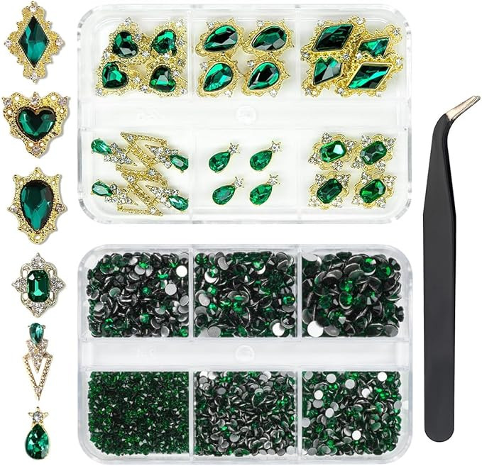 24pcs Green Luxury Nail Charms +2000pcs Emerald Green Rhinestones 3D Big Nail Gems Glass Nail Cry... | Amazon (US)