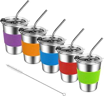ShineMe Kids Stainless Steel Cups, Kids Metal Drinking Glasses with Lids, Stainless Steel Straws ... | Amazon (US)