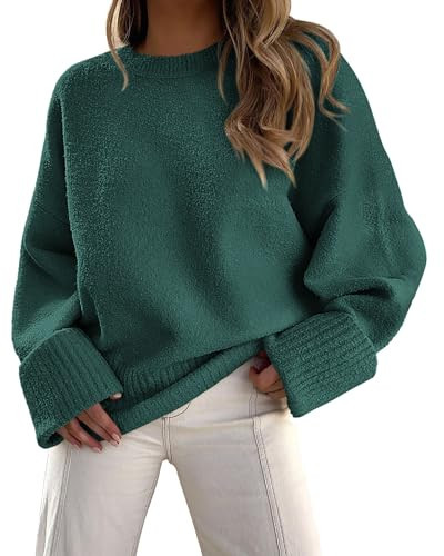 PRETTYGARDEN Women's Fall Oversized Sweaters Casual Crewneck Pullover Long Sleeve Fuzzy Chunky Knit Tops Blouse (Dark Green,Large) | Amazon (US)