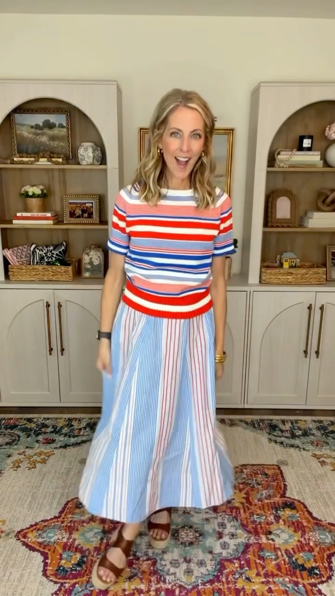 It’s a two for one this cute midi dress so classic with a square neck line is beautiful on his own or School approved with this classic striped sweater over the top wearing an extra small in both this sweater and the dress… Under $40