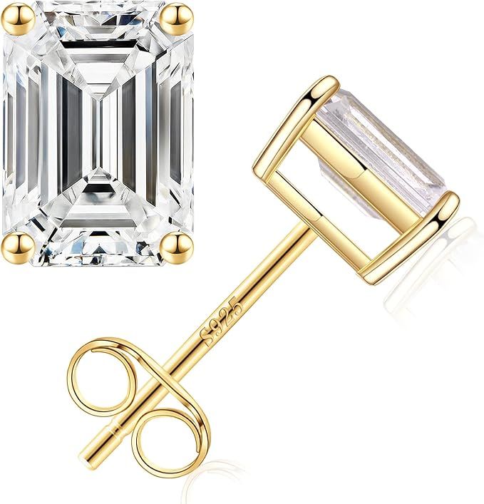 S925 Sterling Silver Stud Earrings Set for Women, Emerald Cut Simulated Diamond Stud Earrings Hyp... | Amazon (US)