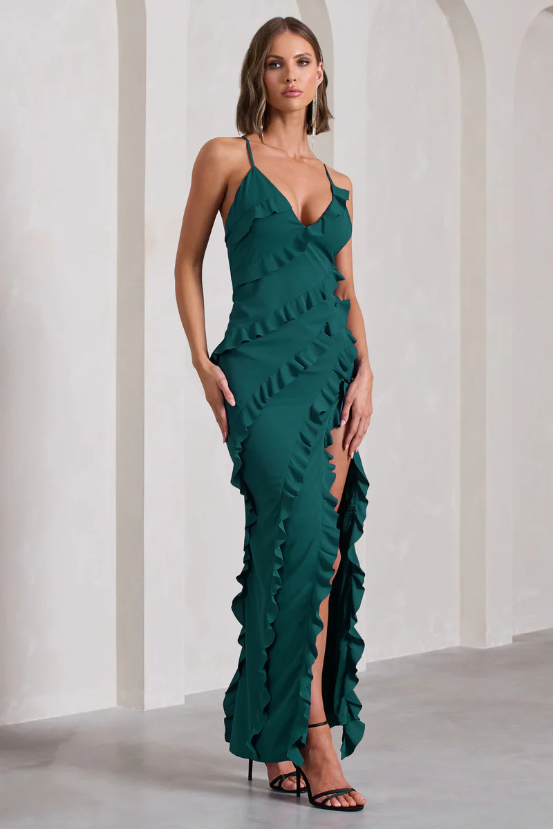 Run The World | Bottle Green Sweetheart Neckline Ruffle Maxi Dress | Club L London