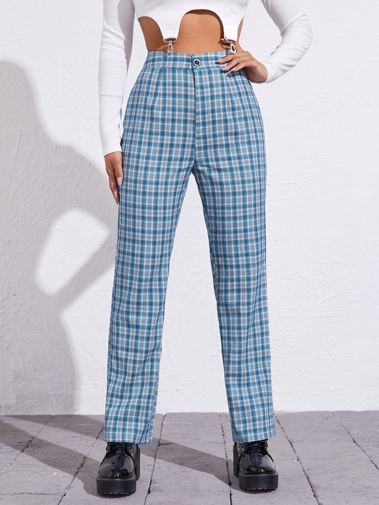 Button Waist Tartan Straight Pants | SHEIN