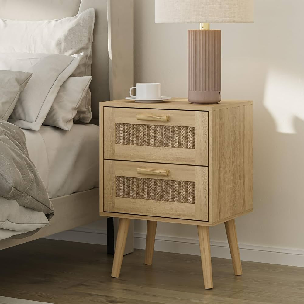 Rattan Nightstand,Modern Boho Farmhouse Wood Bedside Table with 2 Drawer,Small End Side Table for... | Amazon (US)