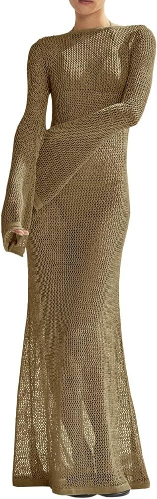 Saodimallsu Womens Crochet Cover Ups Long Sleeve Sexy Mesh Backless Knit Swimsuit Coverup Beach M... | Amazon (US)