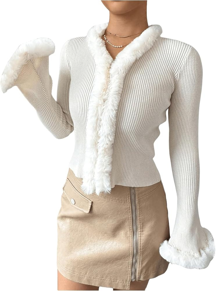 Verdusa Women's Fuzzy Fleece Collar Cardigan Sweaters Long Flare Sleeve Fitted Knit Tops | Amazon (US)