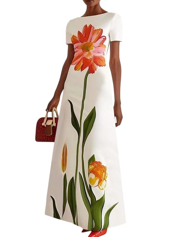 UOOZEE Women's Elegant Floral Maxi Dresses Boat Neck Short Sleeve 2025 Summer Cocktail Party Formal Dress | Amazon (US)