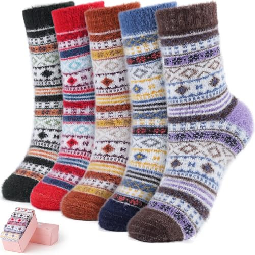 ICEIVY 5 Pack Women Thick Soft Warm Fuzzy Socks Winter Wool Fluffy Cozy Casual Home Sleep Socks with Gifts Box (Multicolor-P) | Amazon (US)