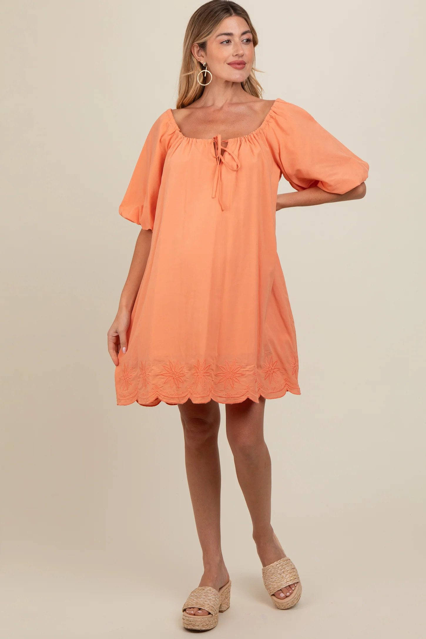Light Olive Embroidered Puff Sleeve Maternity Dress | PinkBlush Maternity