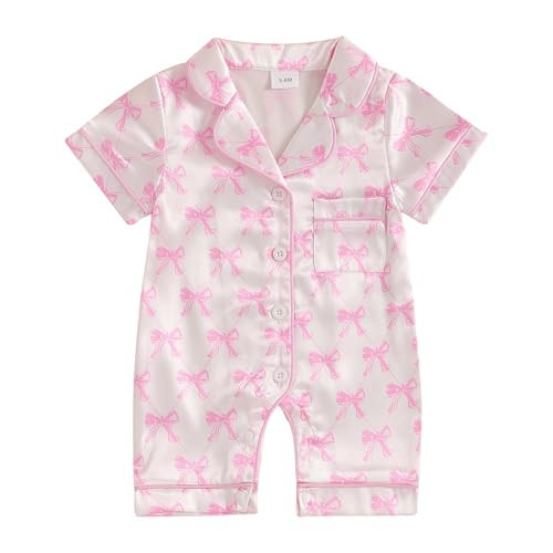 Multitrust Newborn Baby Boy Girl Silk Pajamas Short Sleeve Button Up Satin Pjs One Piece Romper Onesie Shorts Baby Sleepwears (Y1 Bow, 6-12 Months) | Amazon (US)