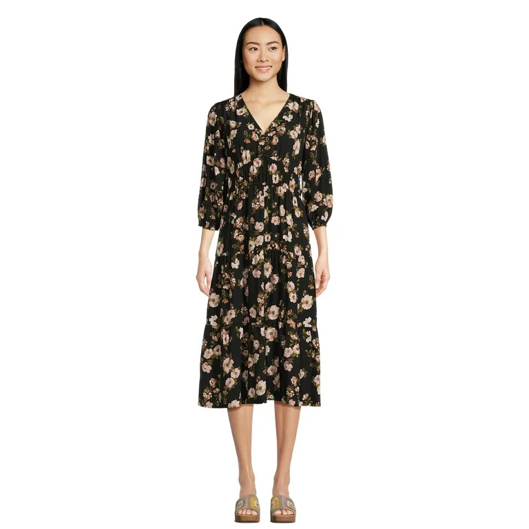 Time and Tru Women’s 3/4 Sleeve Midi Dress, Sizes XS-XXXL | Walmart (US)