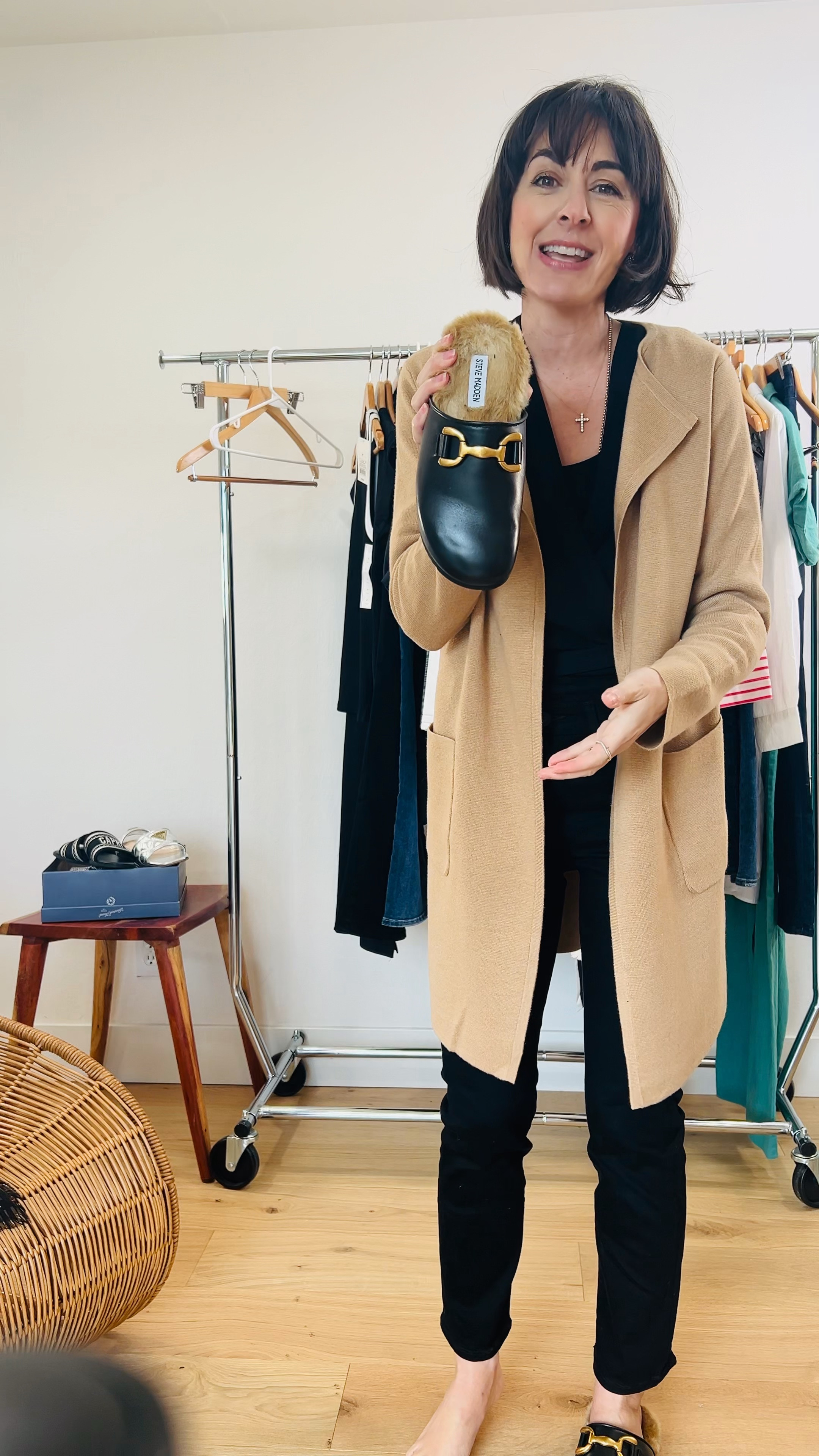 Haute Mama Look of the Day
Include some of my favorite closet essentials like my favorite black straight leg jeans from Fidelity TTS,  super soft wrap top, long cardigan and designer inspired slides.