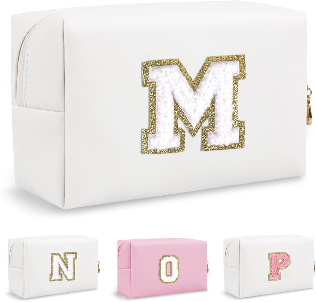 Small Travel Initial Preppy Makeup Bag, Personalized White Cute Cosmetic Organizer Chenille Lette... | Amazon (US)