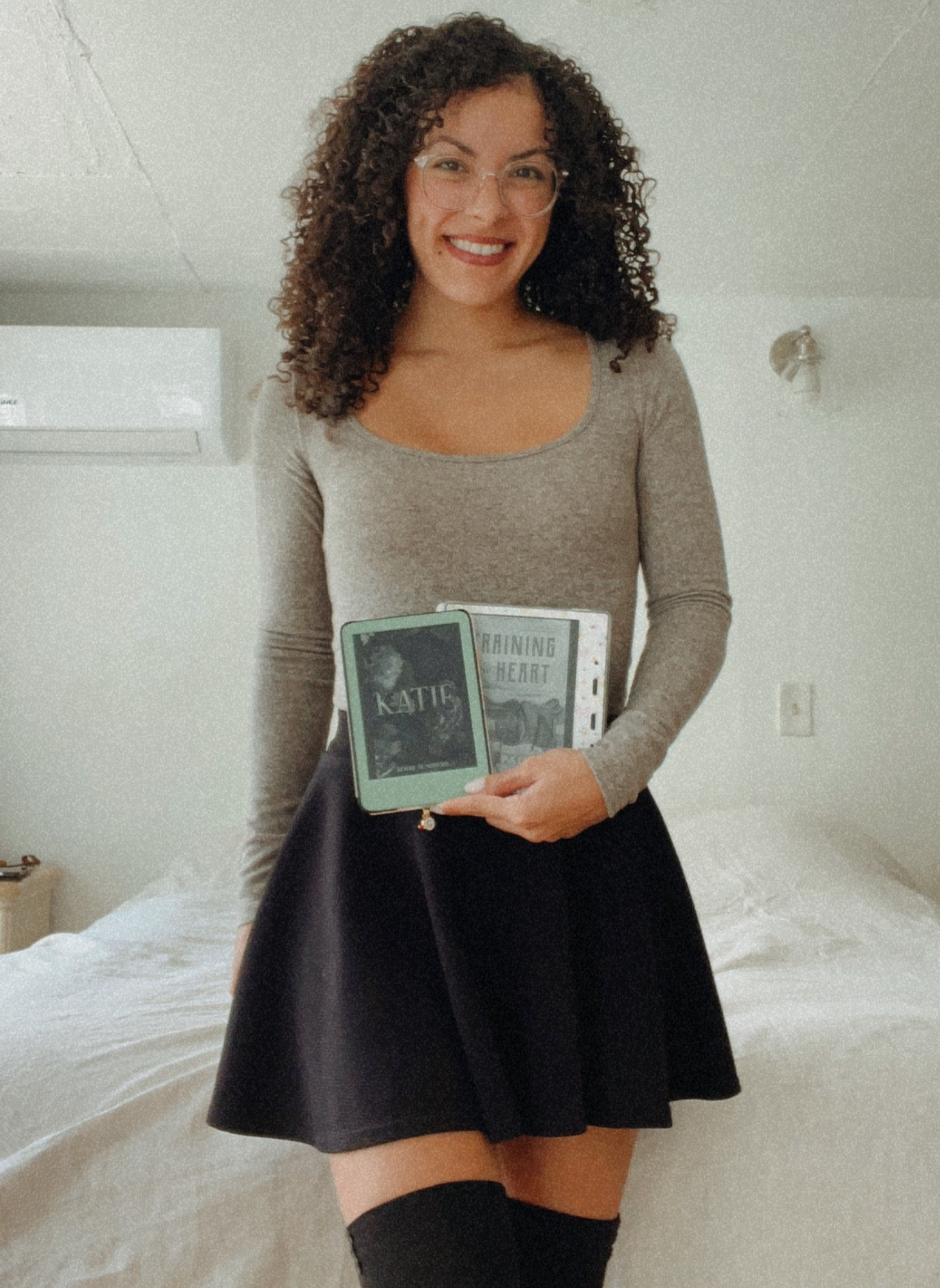 skater skirt - bodysuit - long sleeve scoop neck - American Eagle - aerie - Amazon finds - thigh-high socks - kindle - kindle charm 

#LTKSaleAlert