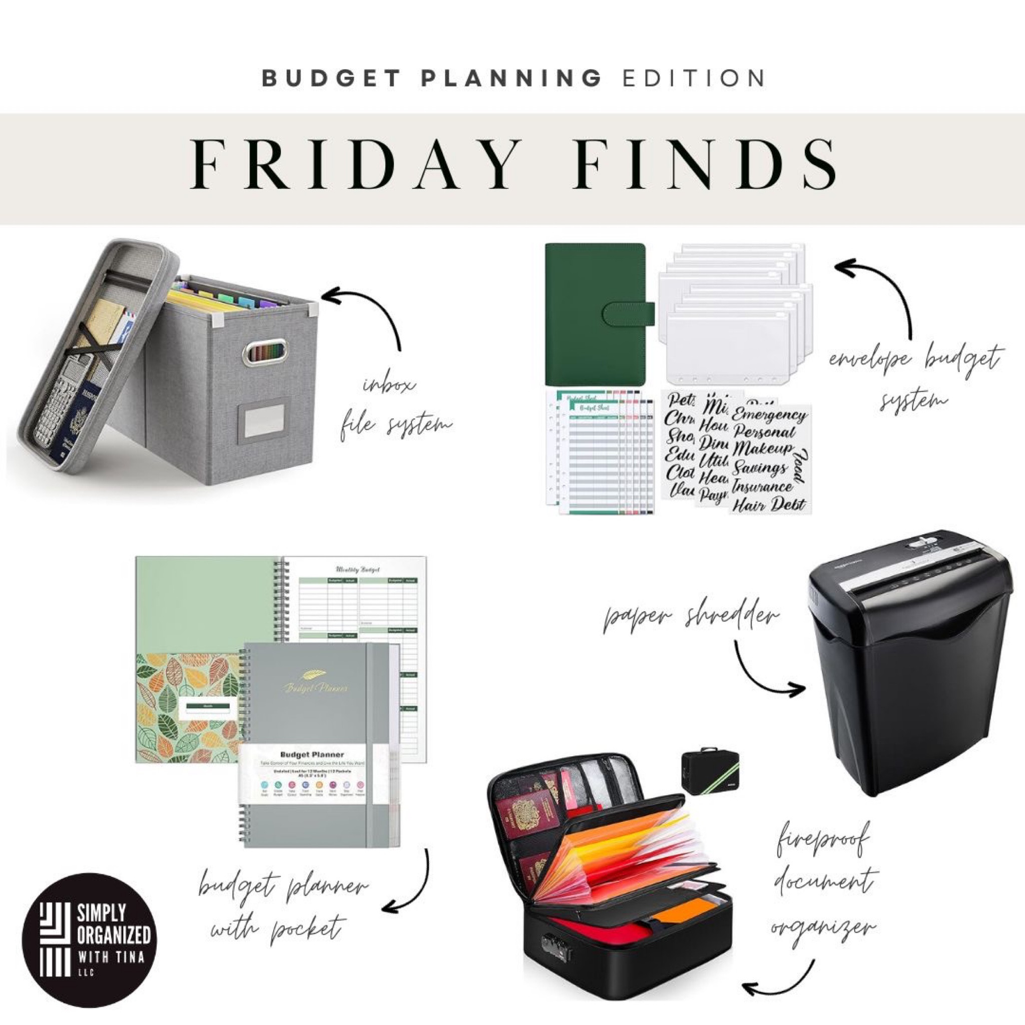 •Paper Shredder: Shred documents when no longer needed to avoid unnecessary paper clutter

•Envelope Budget System - Use envelope system to organize money for different funds and keep track of spending/budgeting for holidays, birthdays, etc. 

•Budget Planner with pocket -- We love to use this planner to organize priority documents (such as upcoming bills) and budget plan 

•"Inbox" file system - Use this box for financial document storage to organize monthly bills, big ticket purchases, tax documents

•Fireproof document organizer- Keeps important financial documents and other important items safe and organized 