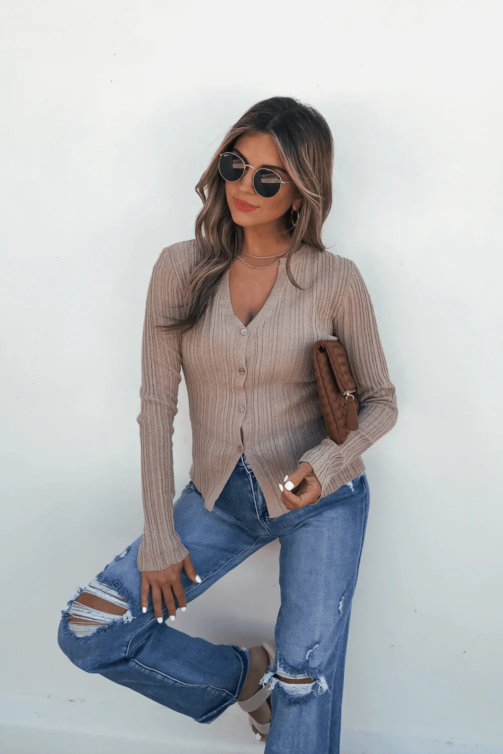Lucille Taupe Button Front Ribbed Top | Magnolia Boutique