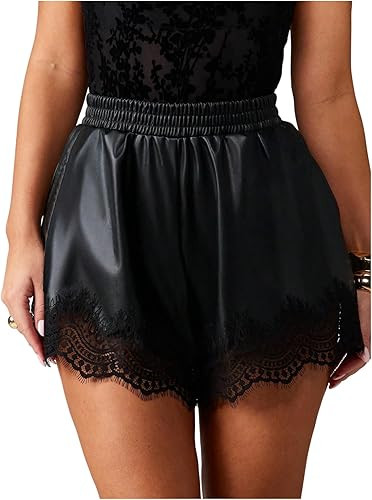 RoseSeek Women's Faux Leather Lace Trim Shorts High Waisted Mini Shorts Lolita Y2k Outfits | Amazon (US)