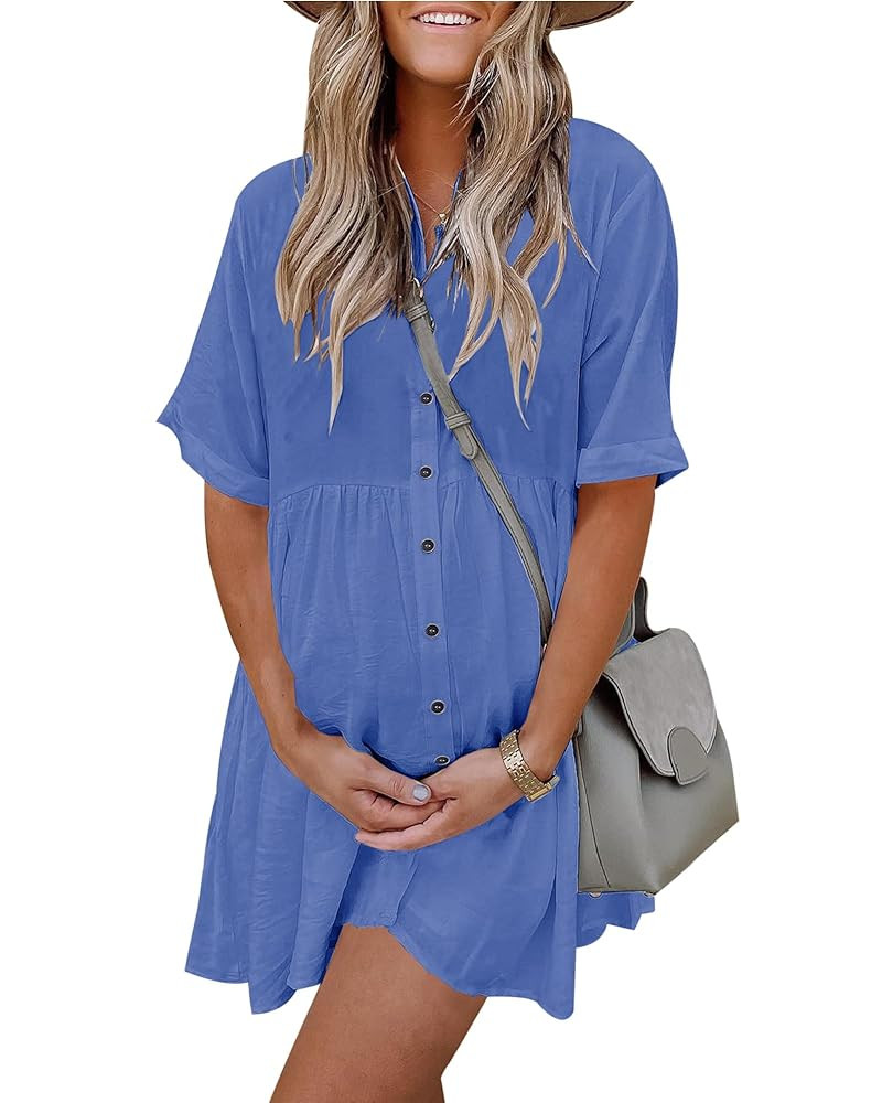 PYGFEMR Women's Short Sleeve Babydoll Dress Button Down Dresses with Pockets | Amazon (US)