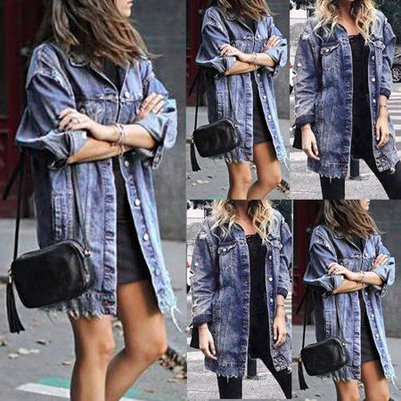 (Toponeto) Women Ripped Long Denim Coat Ladies Casual Jacket Outwear Jeans Overcoat | Walmart (US)