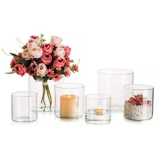 Glasseam Wide Clear Glass Cylinder Vases in Bulk 5.9"+4.7"+3.9" Set of 6 Large Hurricane Vase for... | Walmart (US)