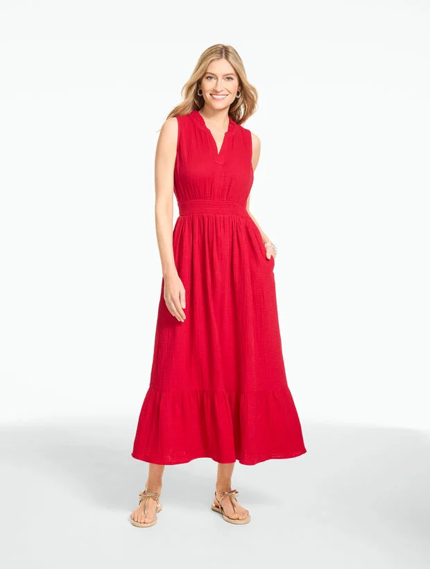 Sleeveless Smocked Waist Gauze Dress | Talbots