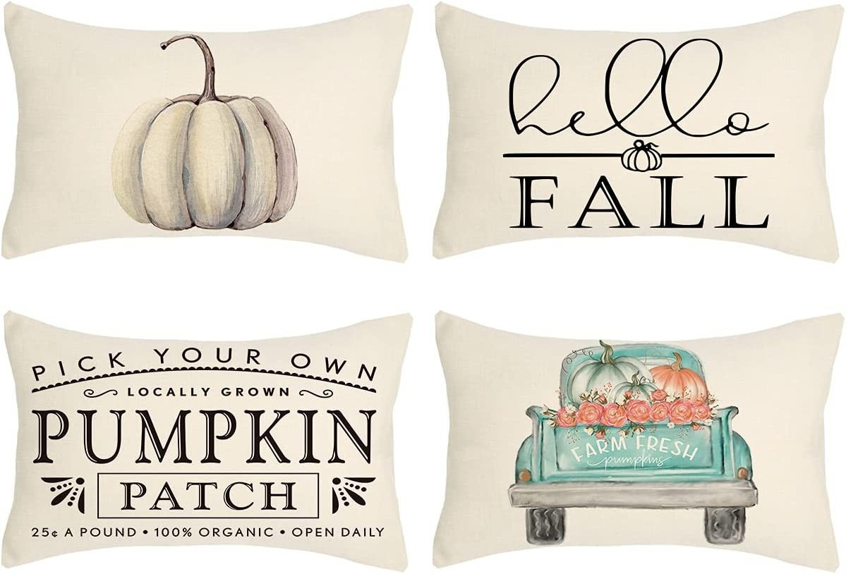 4TH Emotion Fall Decor Lumbar Pillow Covers 12x20 Set of 4 White Pumpkin Farmhouse Decorations Th... | Amazon (US)